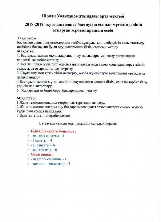 2018-2019 оқу жылында бастауыш сынып бірлестігінің жылдық есебі 