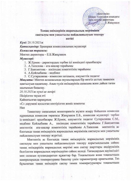 Тамақтану сапасын тексеру актісі