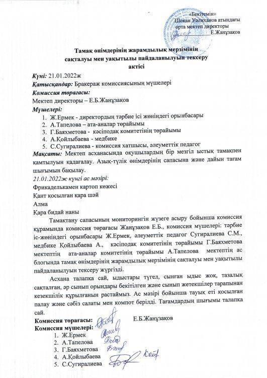 Шоқан Уәлиханов атындағы орта мектебінің қаңтар айының тамақтану сапасын зерделеу актісі